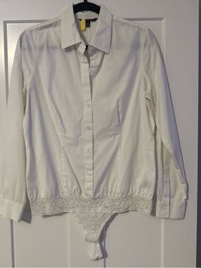 Victoria's Secret White Lace-Hem Button Front Bodysuit Blouse